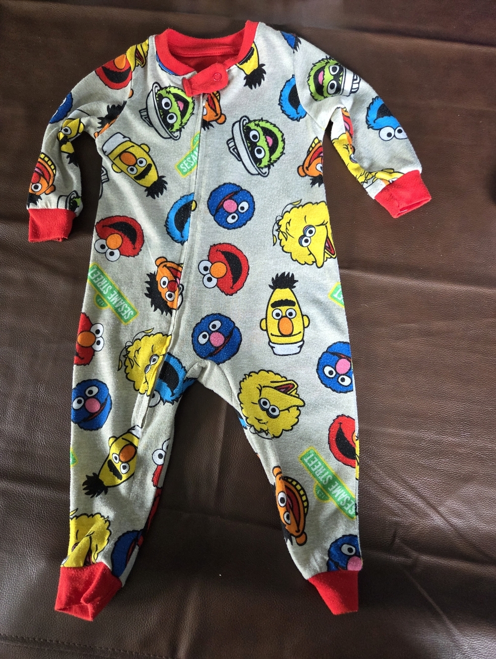 Sesame Street Gray One-Piece Footie Pajamas with Red Trim